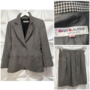 Vintage Saint Laurent 38 Women Sz 6 Black Houndstooth Wool Jacket Skirt Suit Set